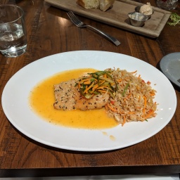 My amaaaaazing nut encrusted mahi, in a delicious curry, with crab fried rice. SO GOOD.